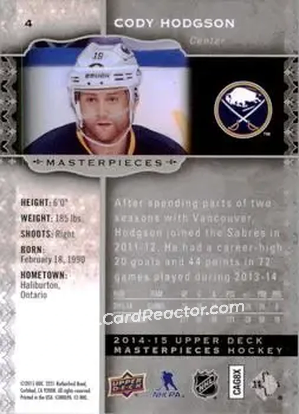2014-15 Upper Deck Masterpieces #4 - Cody Hodgson - Buffalo Sabres - Back