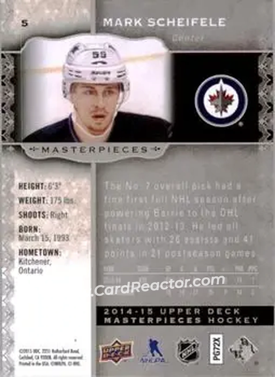 2014-15 Upper Deck Masterpieces #5 - Mark Scheifele - Winnipeg Jets - Back 2014-15 Upper Deck Masterpieces #5 - Mark Scheifele - Winnipeg Jets - Back