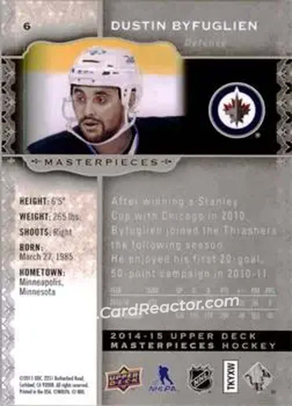2014-15 Upper Deck Masterpieces #6 - Dustin Byfuglien - Winnipeg Jets - Back