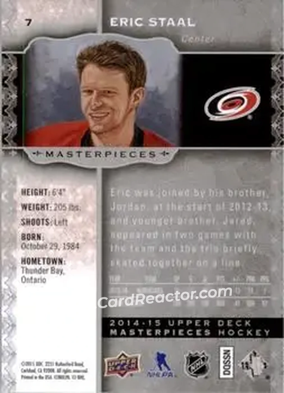 2014-15 Upper Deck Masterpieces #7 - Eric Staal - Carolina Hurricanes - Back