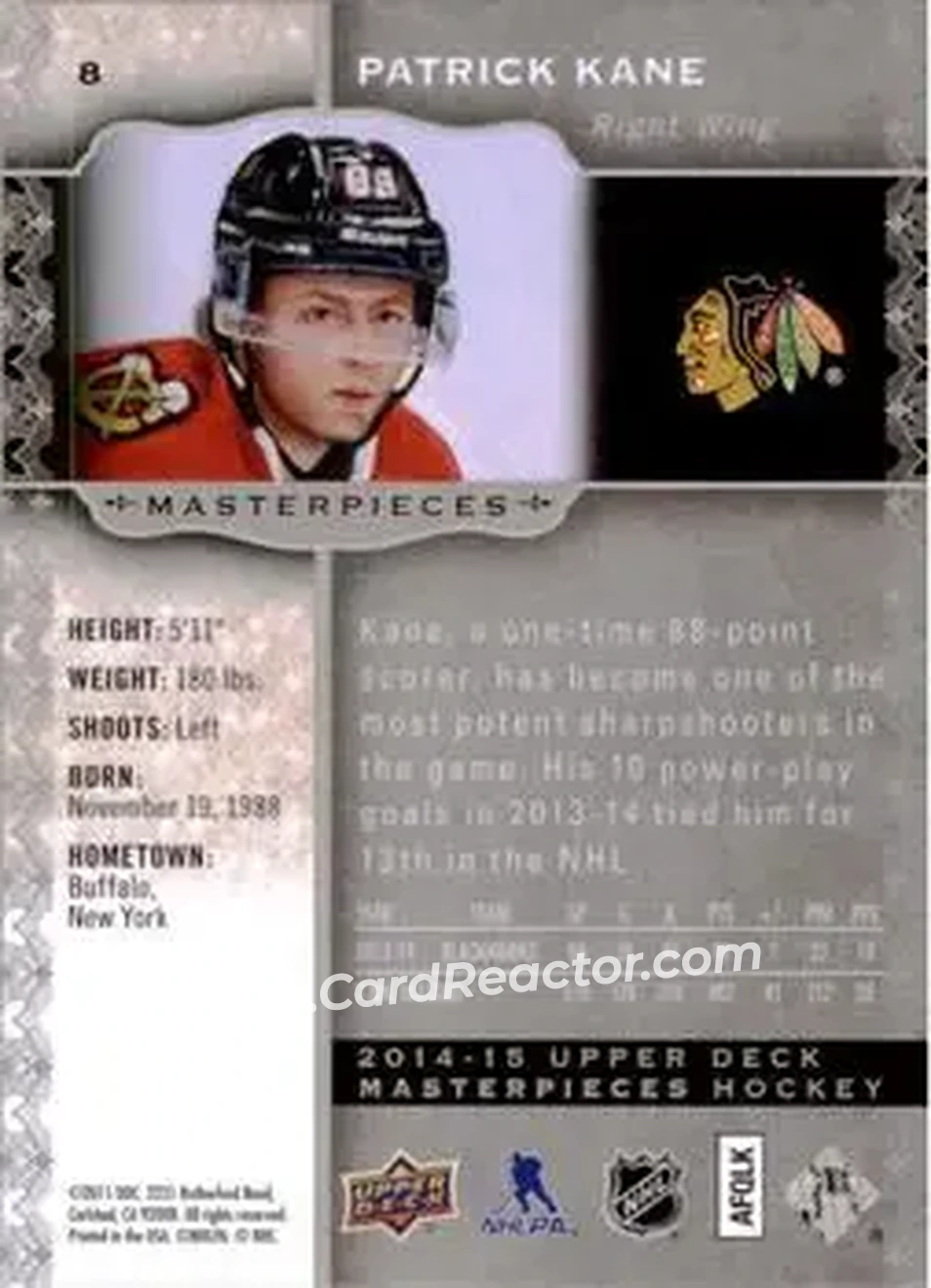2014-15 Upper Deck Masterpieces #8 - Patrick Kane - Chicago Blackhawks - Back 2014-15 Upper Deck Masterpieces #8 - Patrick Kane - Chicago Blackhawks - Back