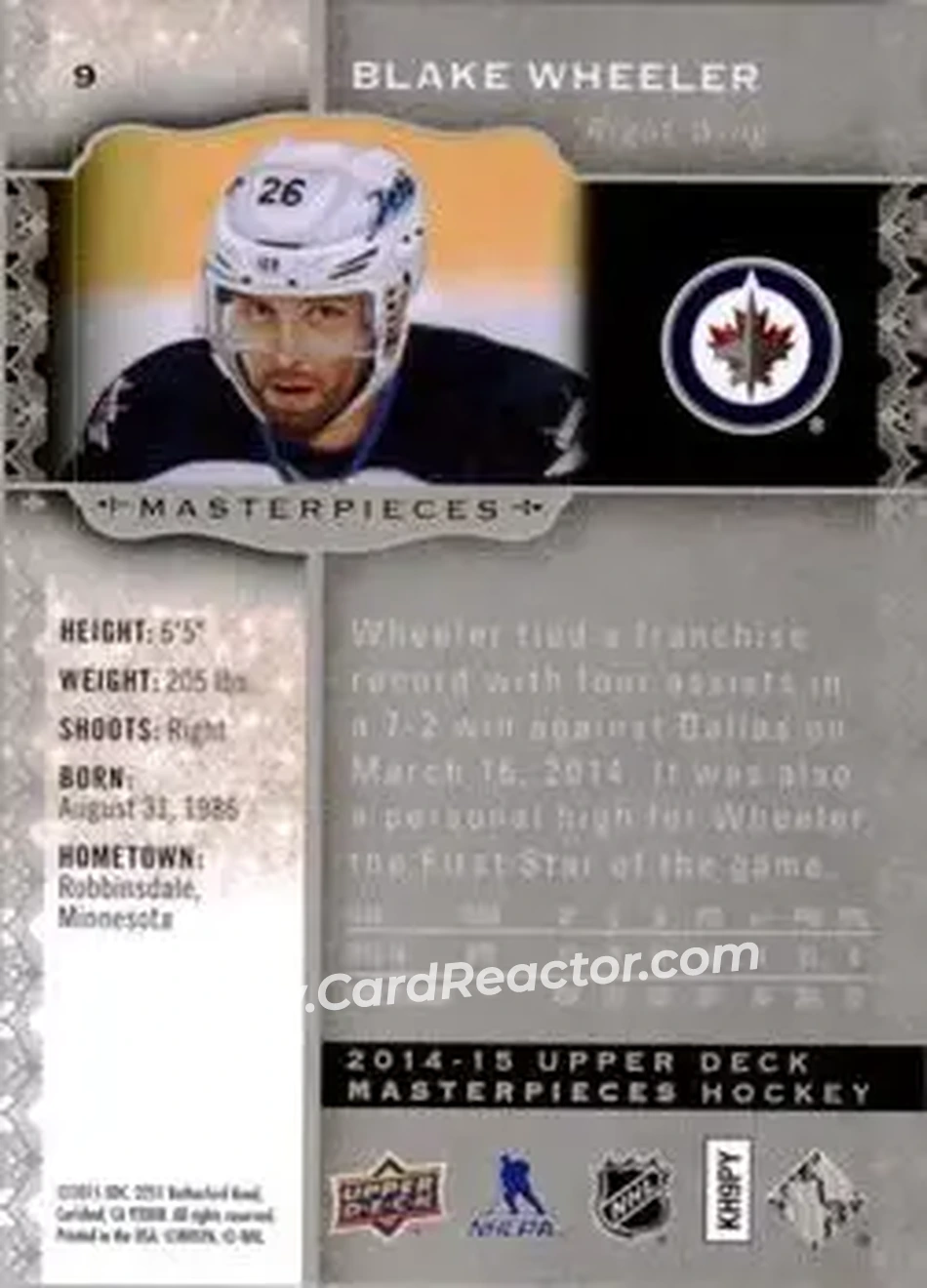 2014-15 Upper Deck Masterpieces #9 - Blake Wheeler - Winnipeg Jets - Back