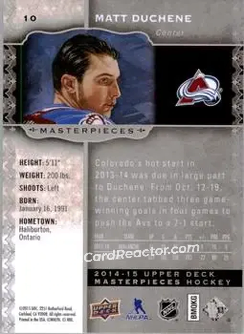 2014-15 Upper Deck Masterpieces #10 - Matt Duchene - Colorado Avalanche - Back
