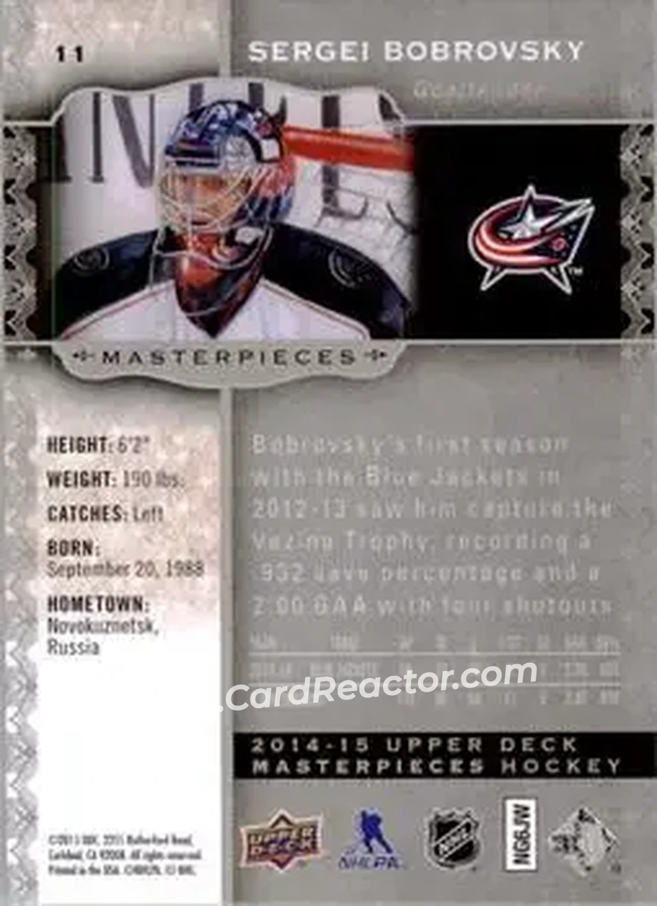 2014-15 Upper Deck Masterpieces #11 - Sergei Bobrovsky - Columbus Blue Jackets - Back