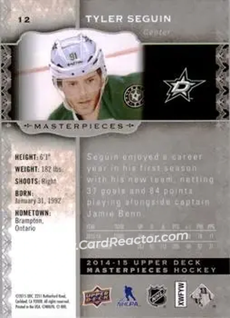 2014-15 Upper Deck Masterpieces #12 - Tyler Seguin - Dallas Stars - Back