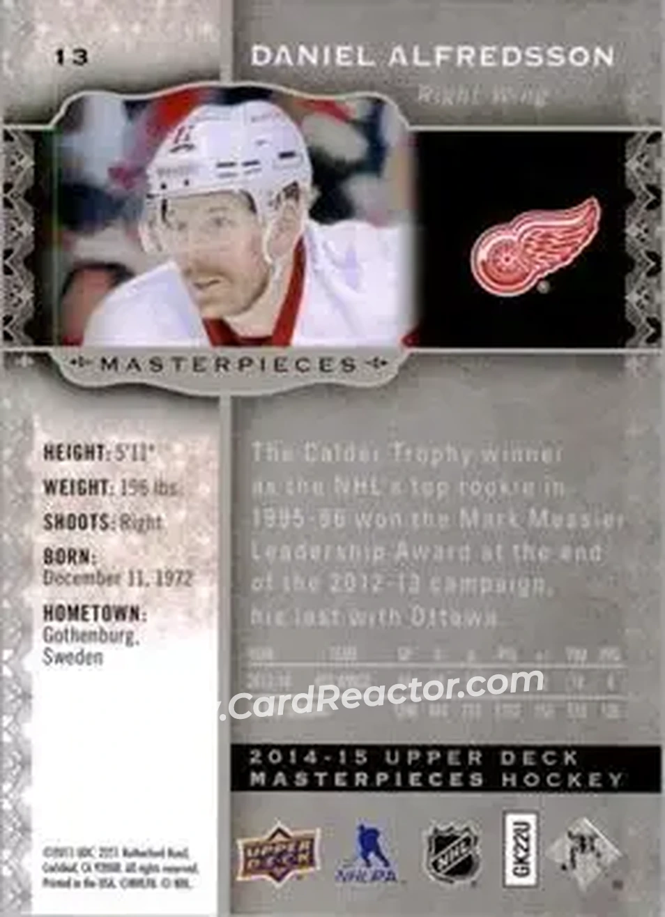 2014-15 Upper Deck Masterpieces #13 - Daniel Alfredsson - Detroit Red Wings - Back