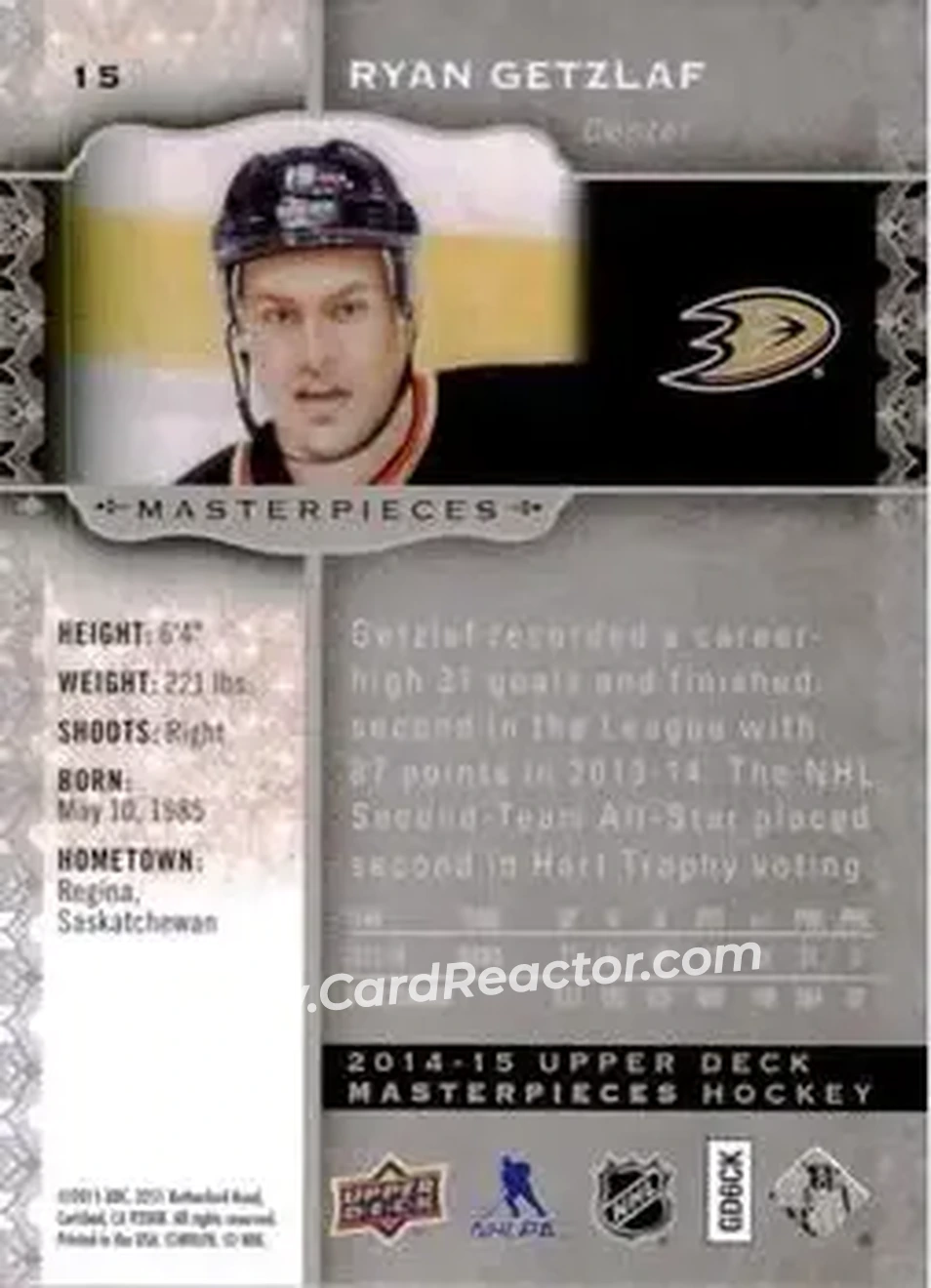 2014-15 Upper Deck Masterpieces #15 - Ryan Getzlaf - Anaheim Ducks - Back