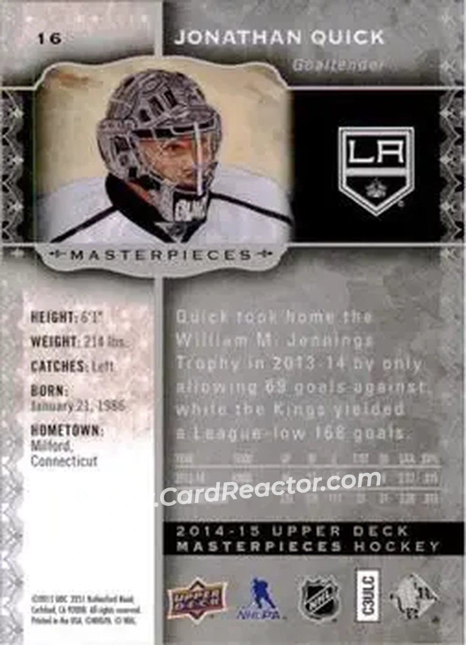 2014-15 Upper Deck Masterpieces #16 - Jonathan Quick - Los Angeles Kings - Back