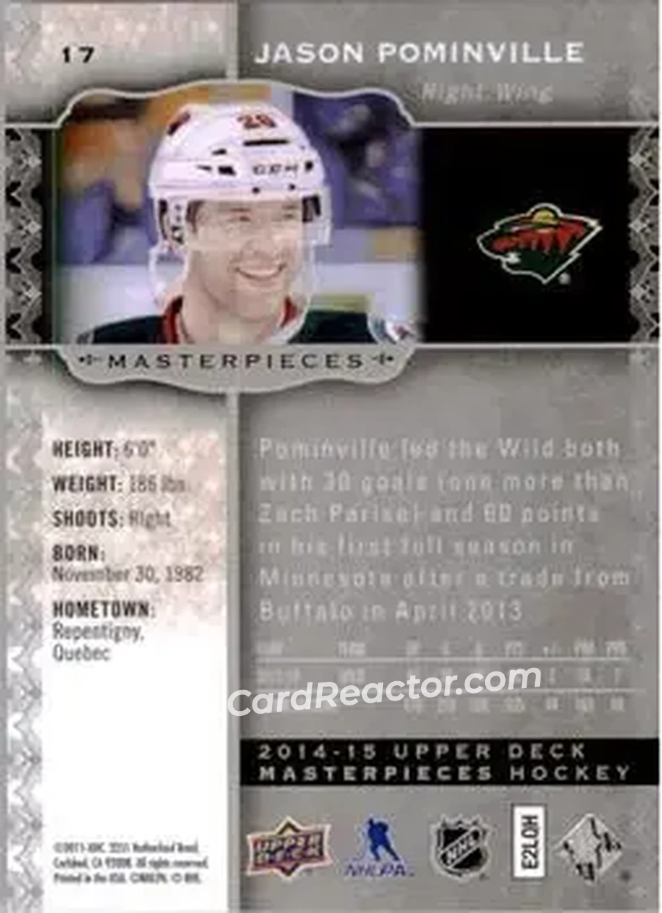 2014-15 Upper Deck Masterpieces #17 - Jason Pominville - Minnesota Wild - Back