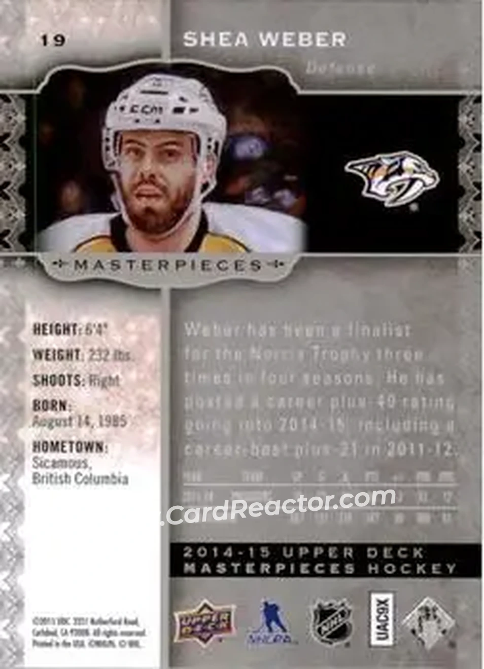 2014-15 Upper Deck Masterpieces #19 - Shea Weber - Nashville Predators - Back