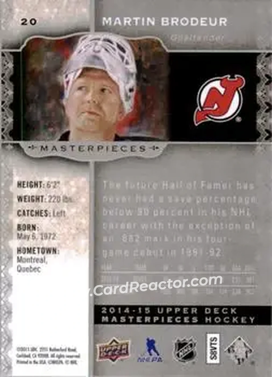 2014-15 Upper Deck Masterpieces #20 - Martin Brodeur - New Jersey Devils - Back