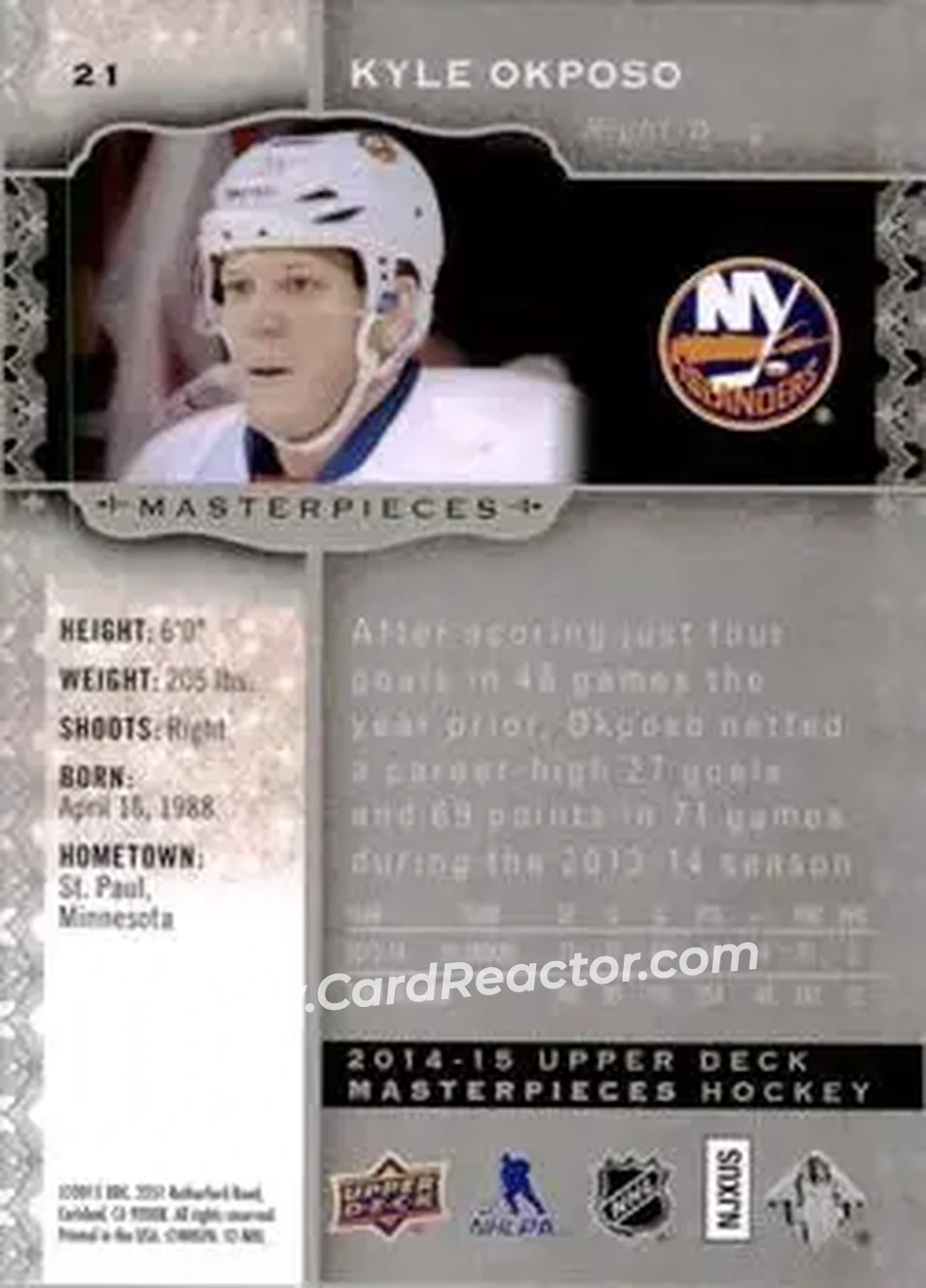 2014-15 Upper Deck Masterpieces #21 - Kyle Okposo - New York Islanders - Back