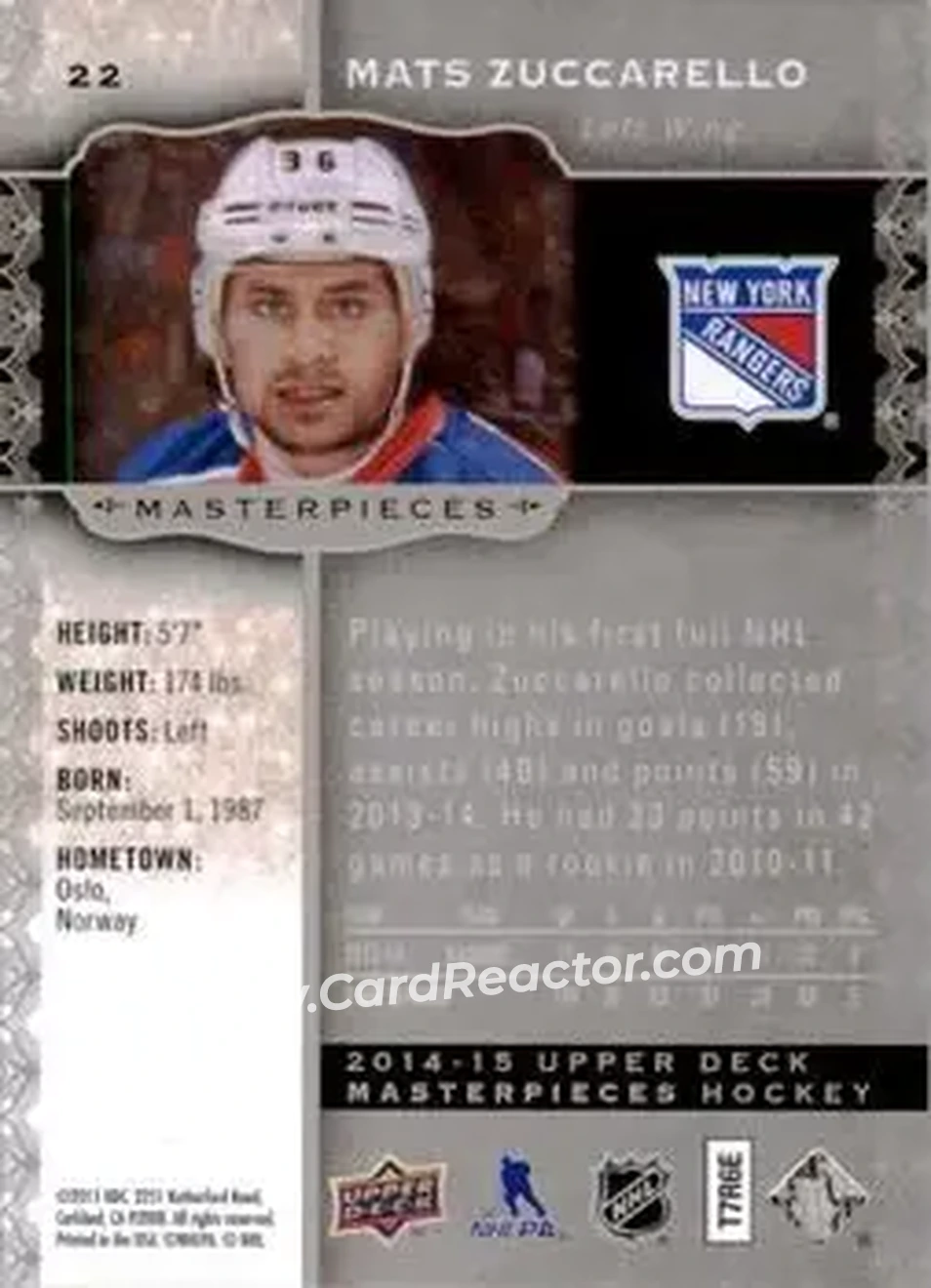 2014-15 Upper Deck Masterpieces #22 - Mats Zuccarello - New York Rangers - Back 2014-15 Upper Deck Masterpieces #22 - Mats Zuccarello - New York Rangers - Back