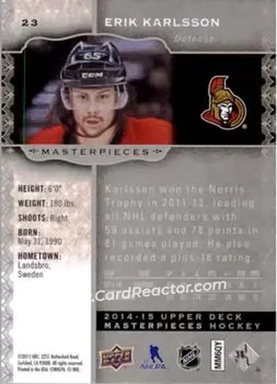 2014-15 Upper Deck Masterpieces #23 - Erik Karlsson - Ottawa Senators - Back