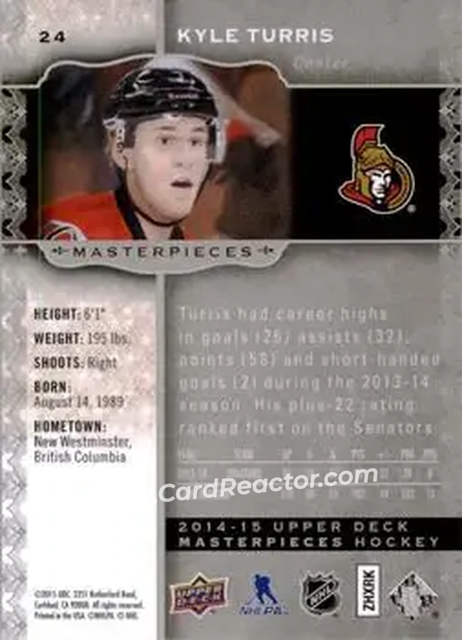 2014-15 Upper Deck Masterpieces #24 - Kyle Turris - Ottawa Senators - Back