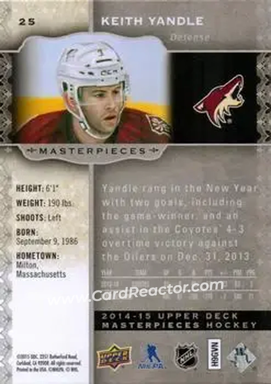 2014-15 Upper Deck Masterpieces #25 - Keith Yandle - Arizona Coyotes - Back