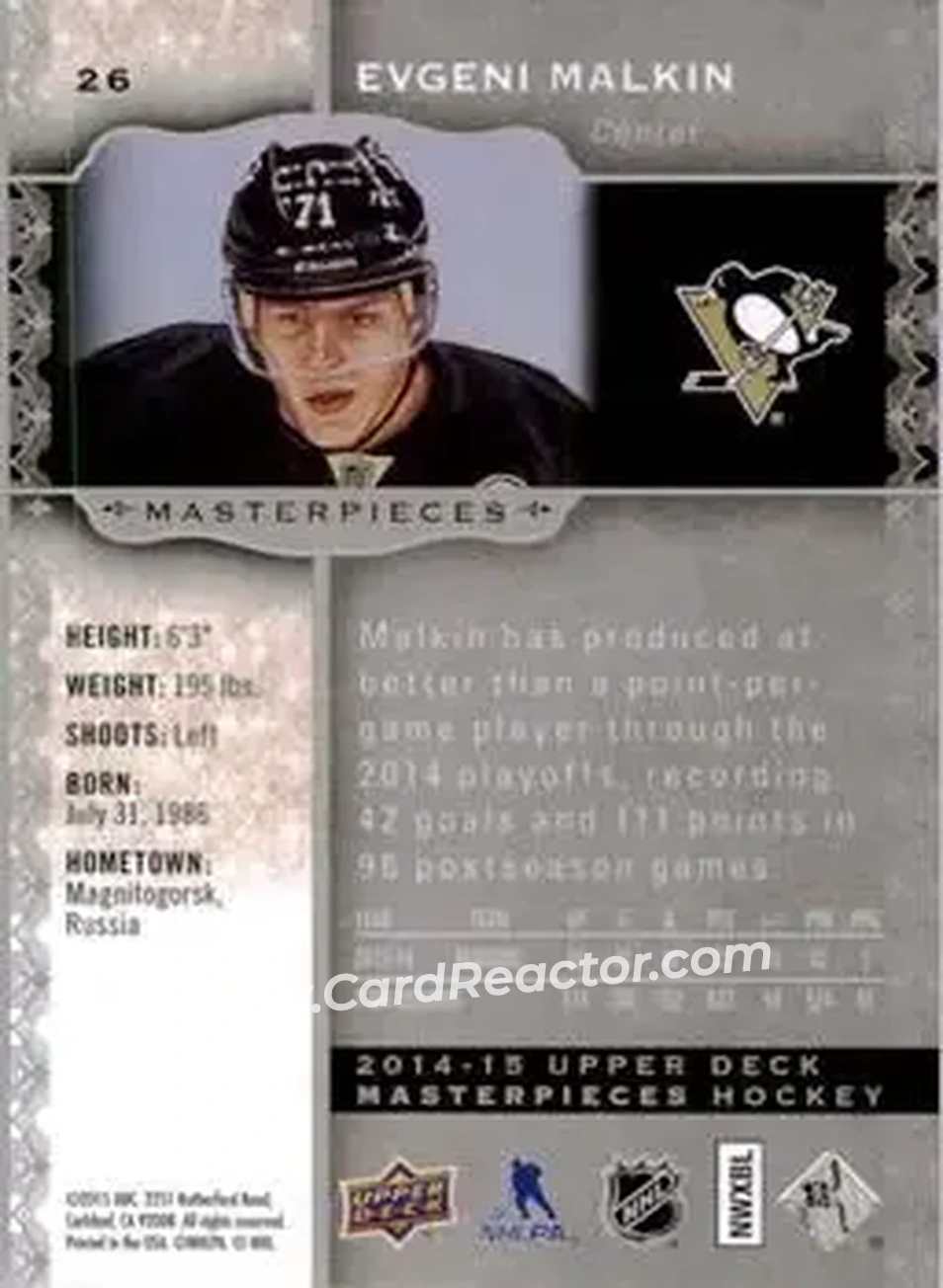 2014-15 Upper Deck Masterpieces #26 - Evgeni Malkin - Pittsburgh Penguins - Back