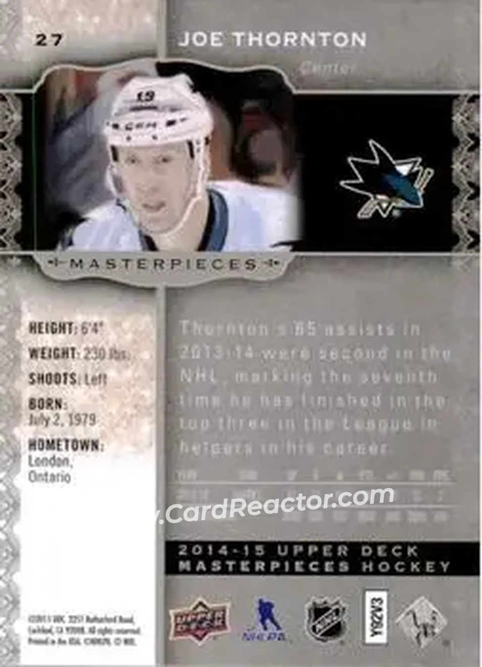 2014-15 Upper Deck Masterpieces #27 - Joe Thornton - San Jose Sharks - Back