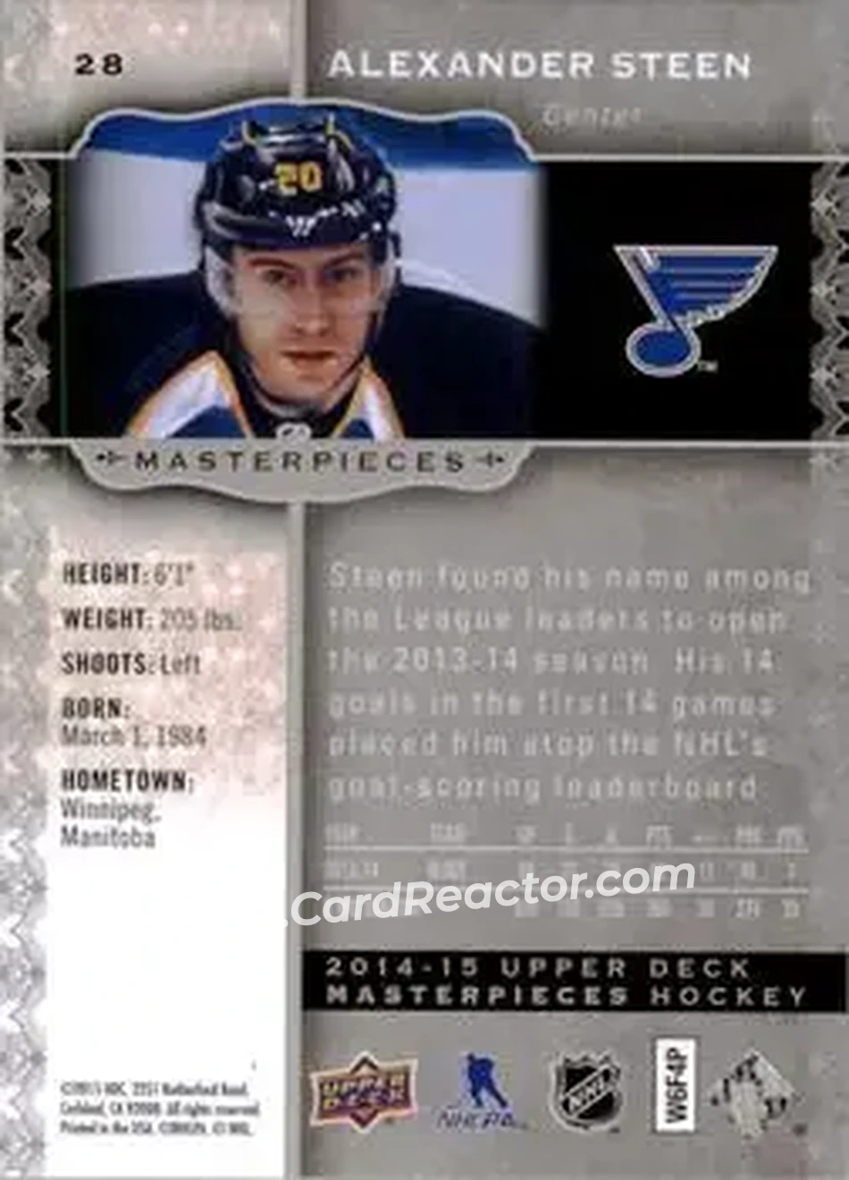 2014-15 Upper Deck Masterpieces #28 - Alexander Steen - St. Louis Blues - Back