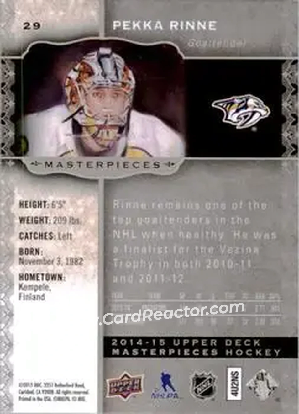2014-15 Upper Deck Masterpieces #29 - Pekka Rinne - Nashville Predators - Back