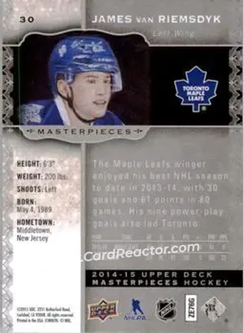 2014-15 Upper Deck Masterpieces #30 - James van Riemsdyk - Toronto Maple Leafs - Back 2014-15 Upper Deck Masterpieces #30 - James van Riemsdyk - Toronto Maple Leafs - Back