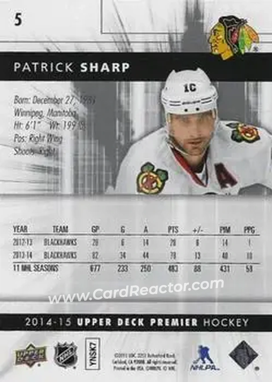 2014-15 Upper Deck Premier #5 - Patrick Sharp - Chicago Blackhawks - Back