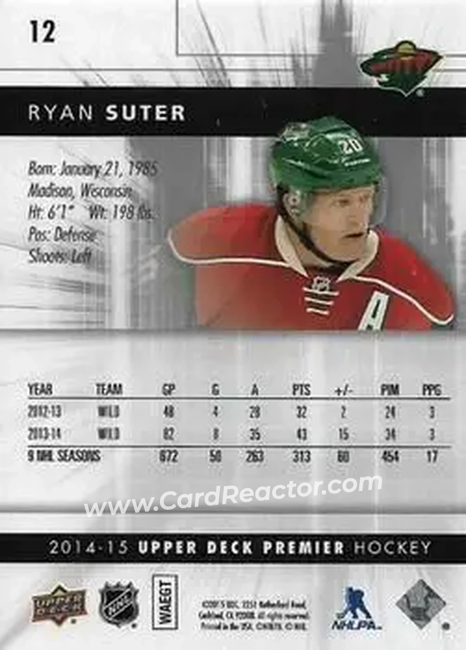 2014-15 Upper Deck Premier #12 - Ryan Suter - Minnesota Wild - Back 2014-15 Upper Deck Premier #12 - Ryan Suter - Minnesota Wild - Back