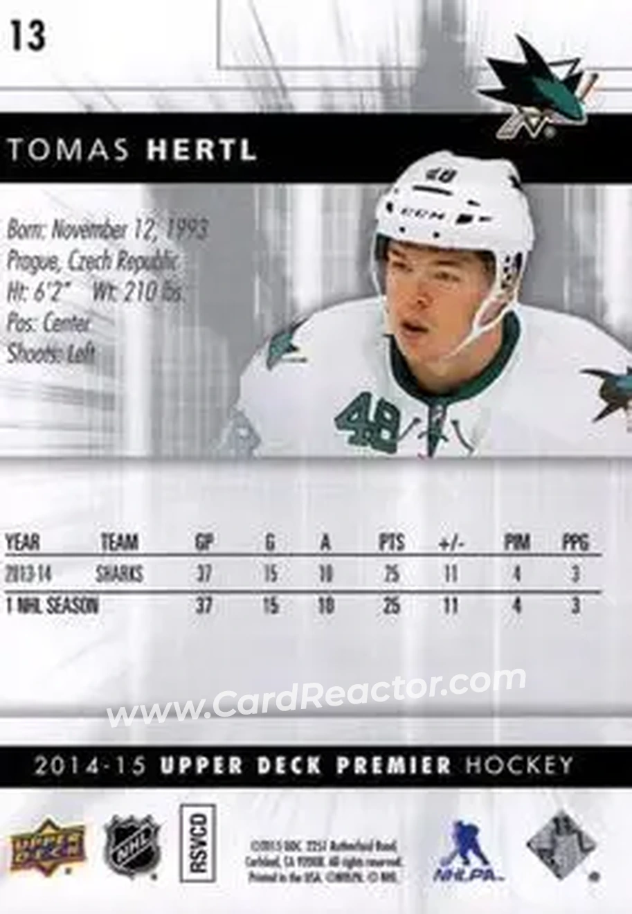 2014-15 Upper Deck Premier #13 - Tomas Hertl - San Jose Sharks - Back 2014-15 Upper Deck Premier #13 - Tomas Hertl - San Jose Sharks - Back