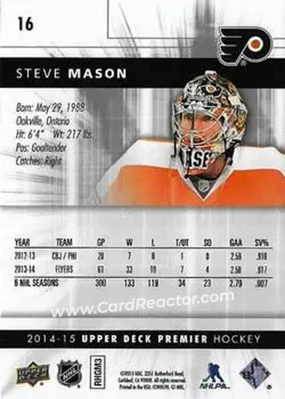2014-15 Upper Deck Premier #16 - Steve Mason - Philadelphia Flyers - Back