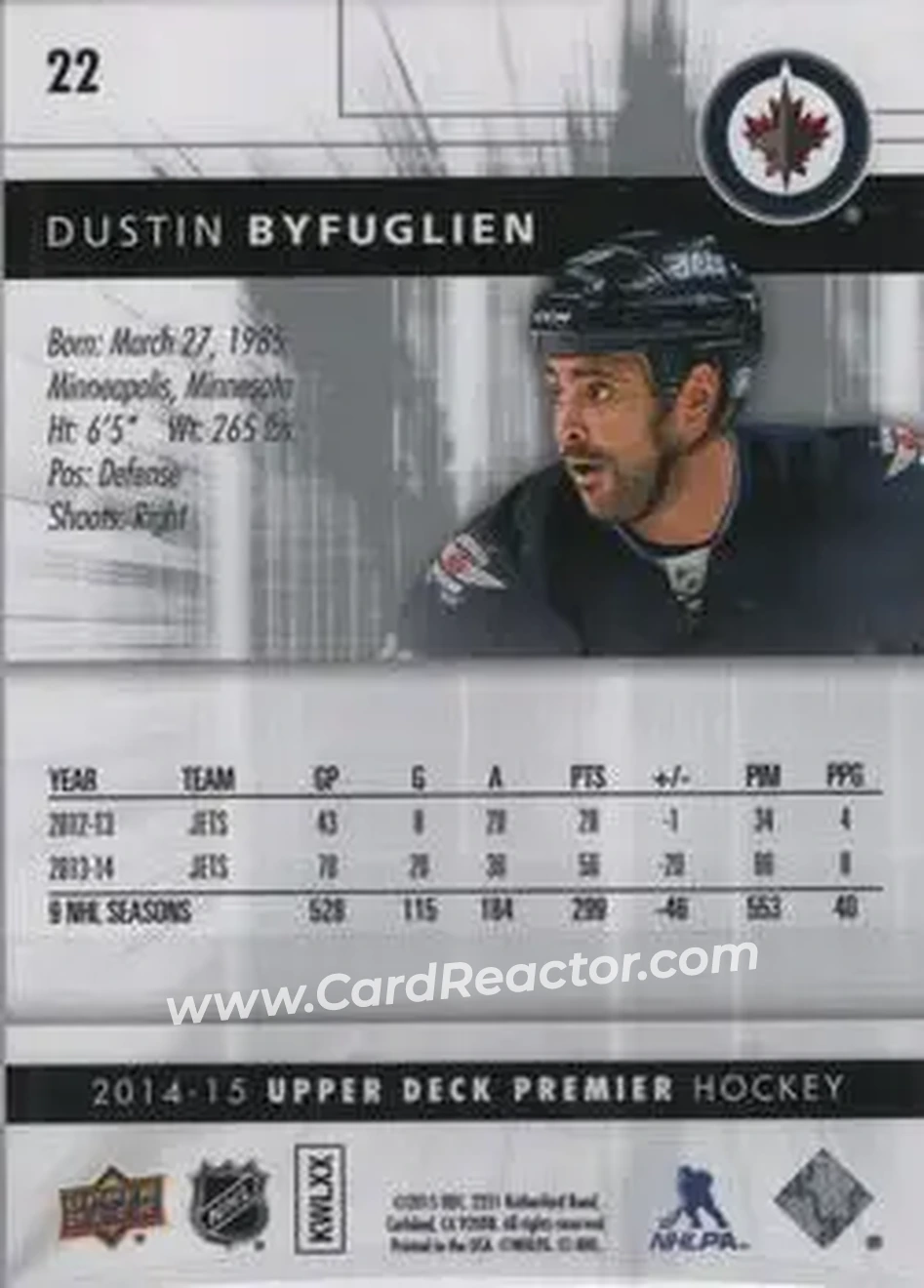 2014-15 Upper Deck Premier #22 - Dustin Byfuglien - Winnipeg Jets - Back