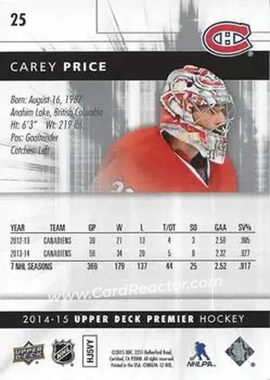 2014-15 Upper Deck Premier #25 - Carey Price - Montreal Canadiens - Back 2014-15 Upper Deck Premier #25 - Carey Price - Montreal Canadiens - Back