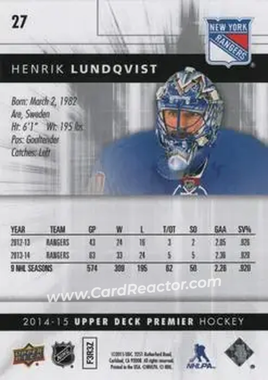 2014-15 Upper Deck Premier #27 - Henrik Lundqvist - New York Rangers - Back