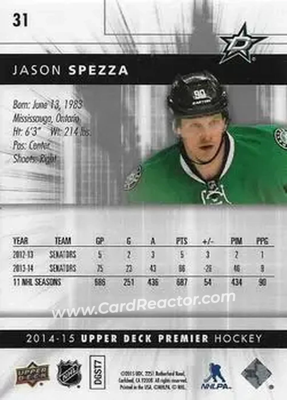 2014-15 Upper Deck Premier #31 - Jason Spezza - Dallas Stars - Back