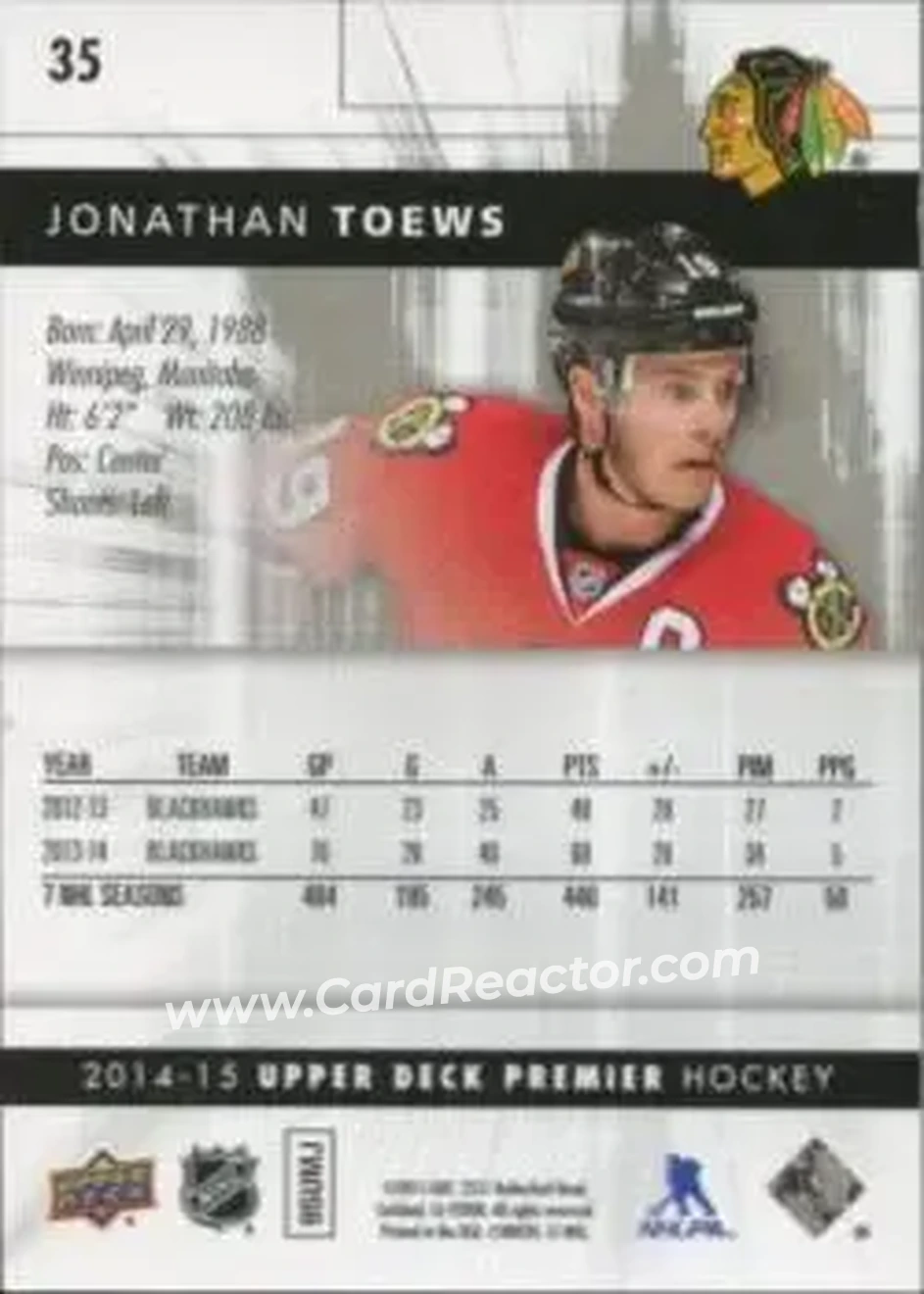 2014-15 Upper Deck Premier #35 - Jonathan Toews - Chicago Blackhawks - Back