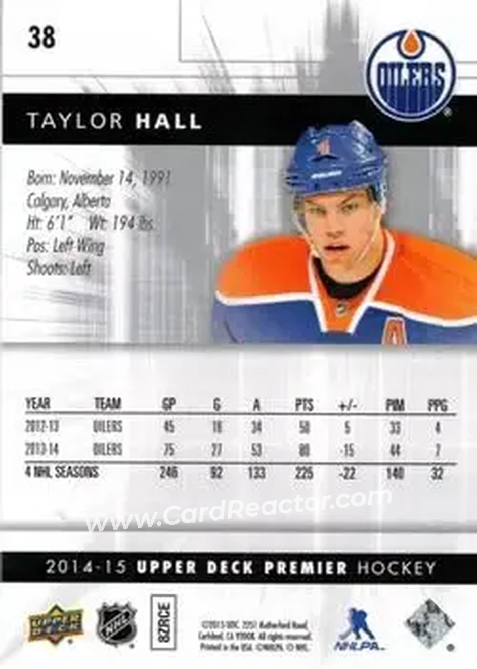 2014-15 Upper Deck Premier #38 - Taylor Hall - Edmonton Oilers - Back