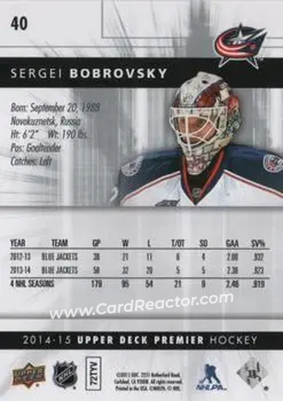 2014-15 Upper Deck Premier #40 - Sergei Bobrovsky - Columbus Blue Jackets - Back