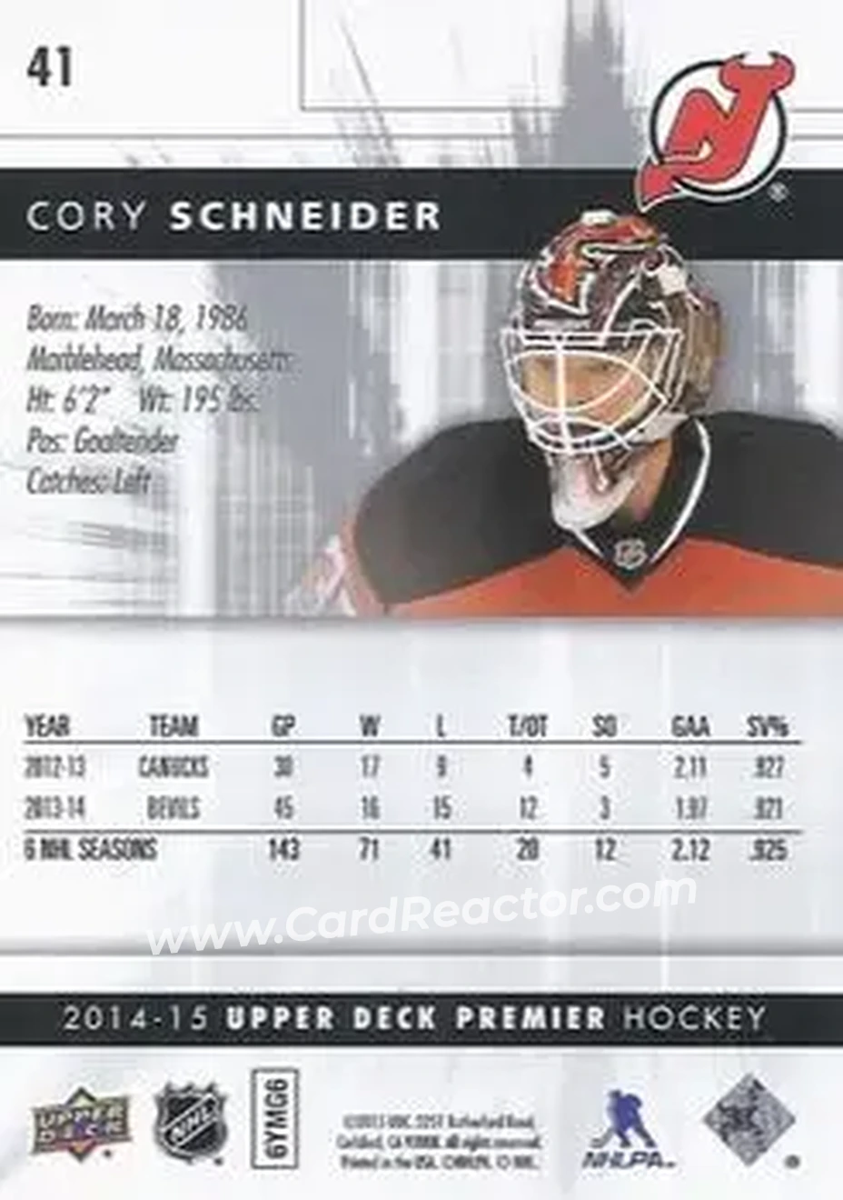 2014-15 Upper Deck Premier #41 - Cory Schneider - New Jersey Devils - Back