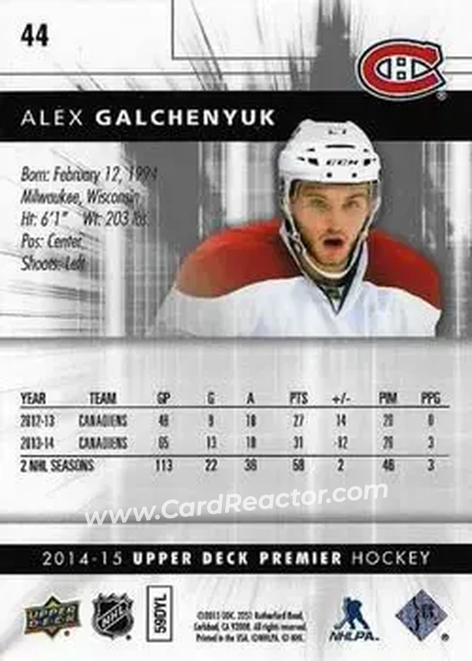 2014-15 Upper Deck Premier #44 - Alex Galchenyuk - Montreal Canadiens - Back
