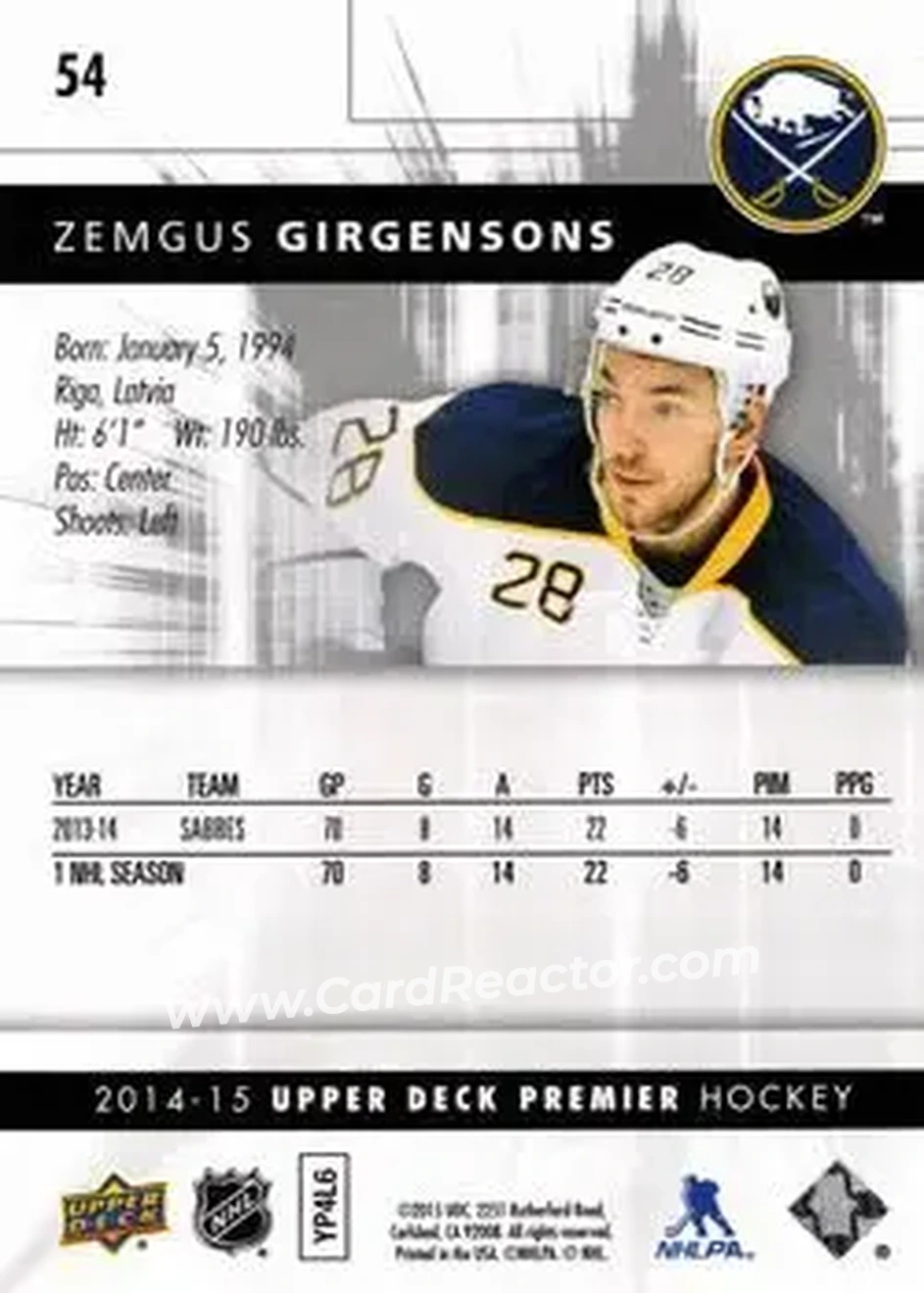 2014-15 Upper Deck Premier #54 - Zemgus Girgensons - Buffalo Sabres - Back