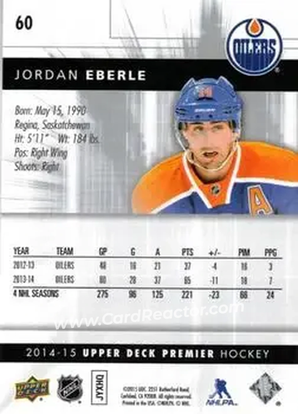 2014-15 Upper Deck Premier #60 - Jordan Eberle - Edmonton Oilers - Back