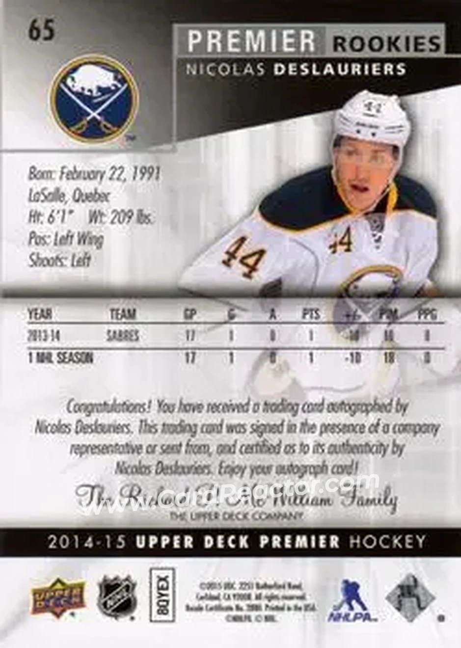 2014-15 Upper Deck Premier #65 - Nicolas Deslauriers - Buffalo Sabres - Back