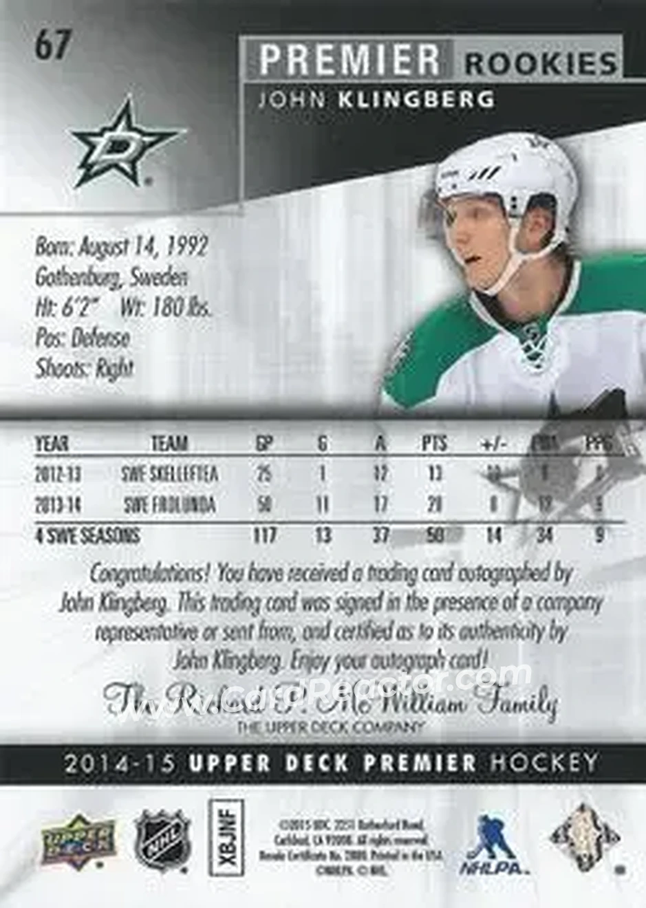2014-15 Upper Deck Premier #67 - John Klingberg - Dallas Stars - Back