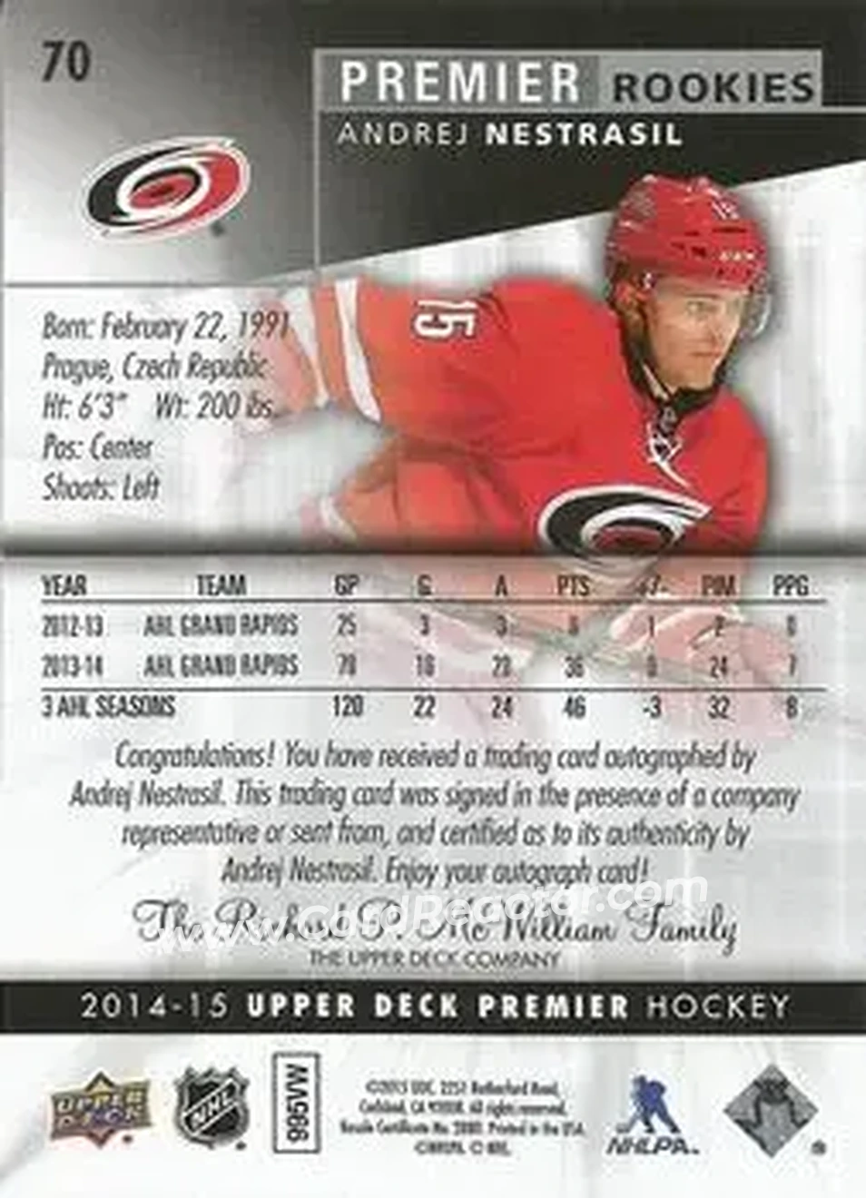 2014-15 Upper Deck Premier #70 - Andrej Nestrasil - Carolina Hurricanes - Back