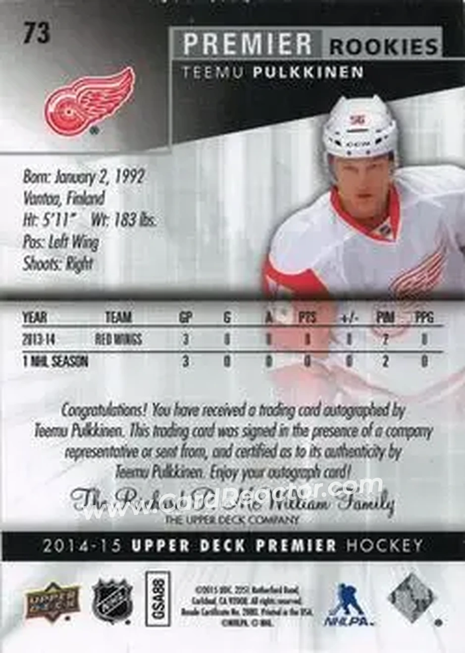 2014-15 Upper Deck Premier #73 - Teemu Pulkkinen - Detroit Red Wings - Back