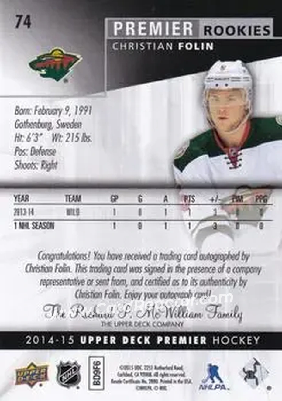 2014-15 Upper Deck Premier #74 - Christian Folin - Minnesota Wild - Back