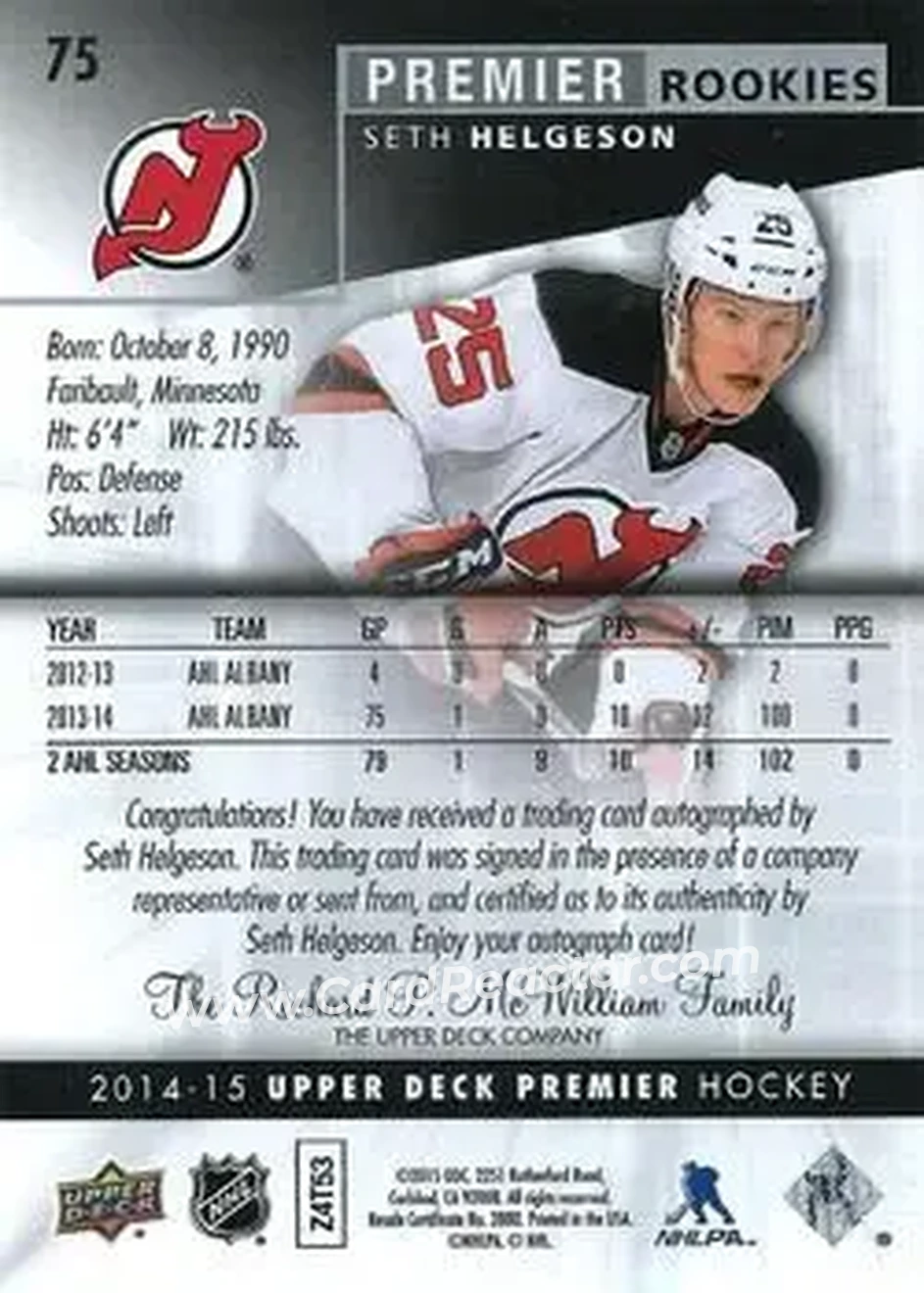 2014-15 Upper Deck Premier #75 - Seth Helgeson - New Jersey Devils - Back