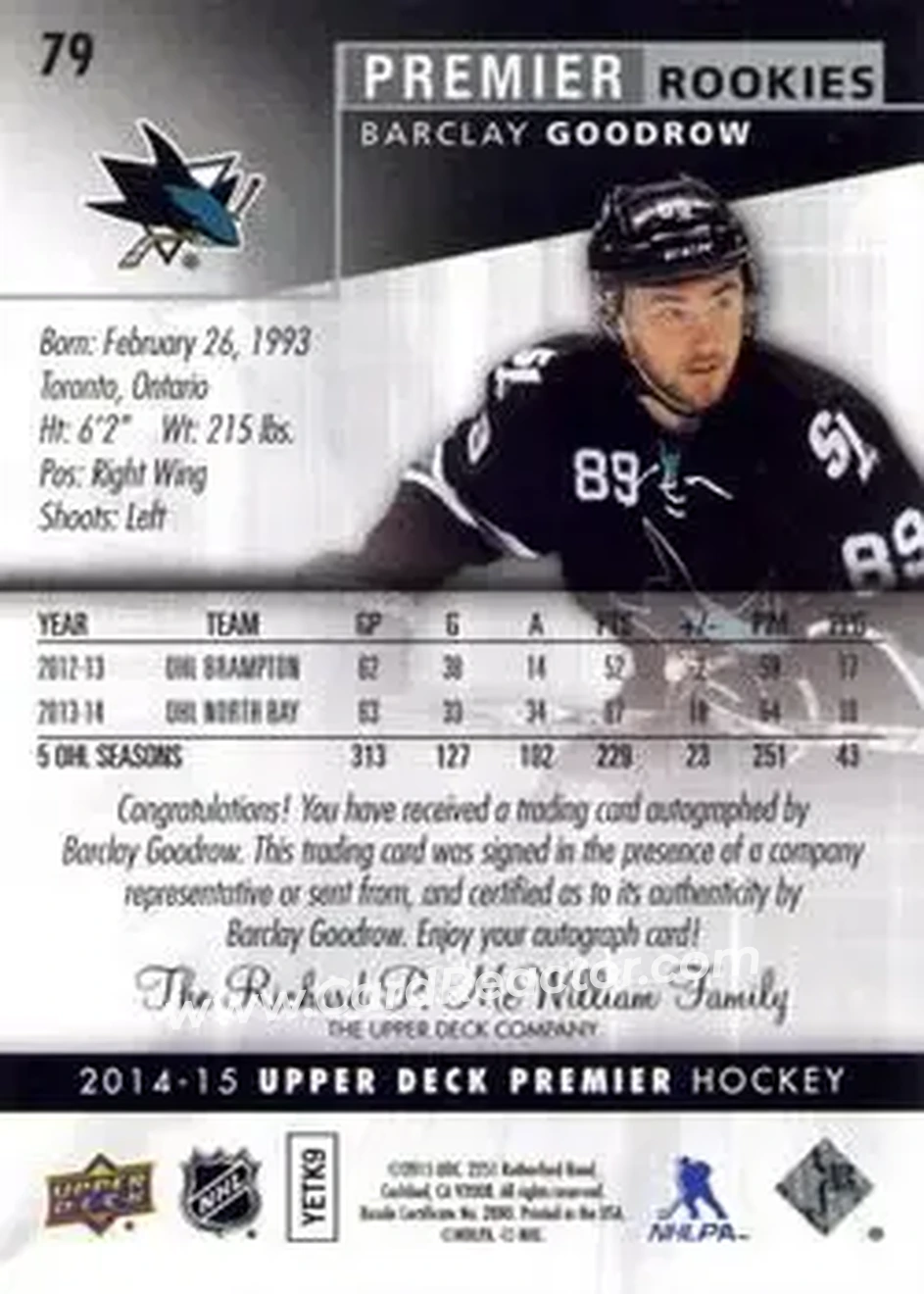 2014-15 Upper Deck Premier #79 - Barclay Goodrow - San Jose Sharks - Back