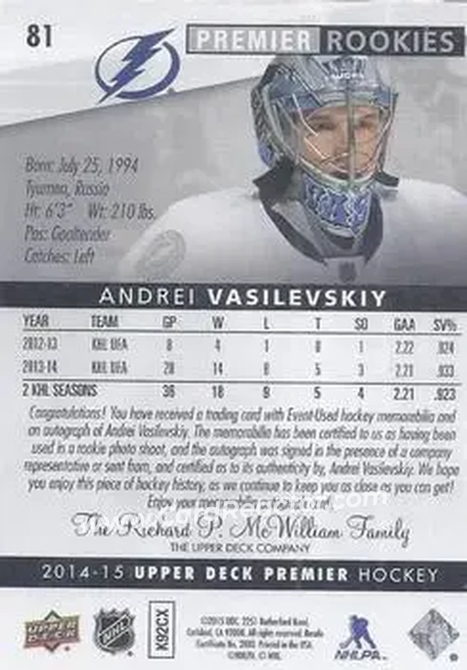 2014-15 Upper Deck Premier #81 - Andrei Vasilevskiy - Tampa Bay Lightning - Back