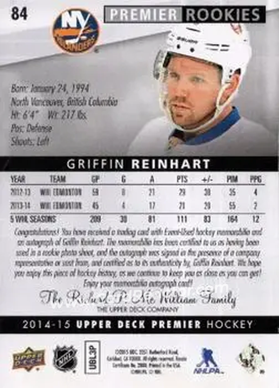 2014-15 Upper Deck Premier #84 - Griffin Reinhart - New York Islanders - Back