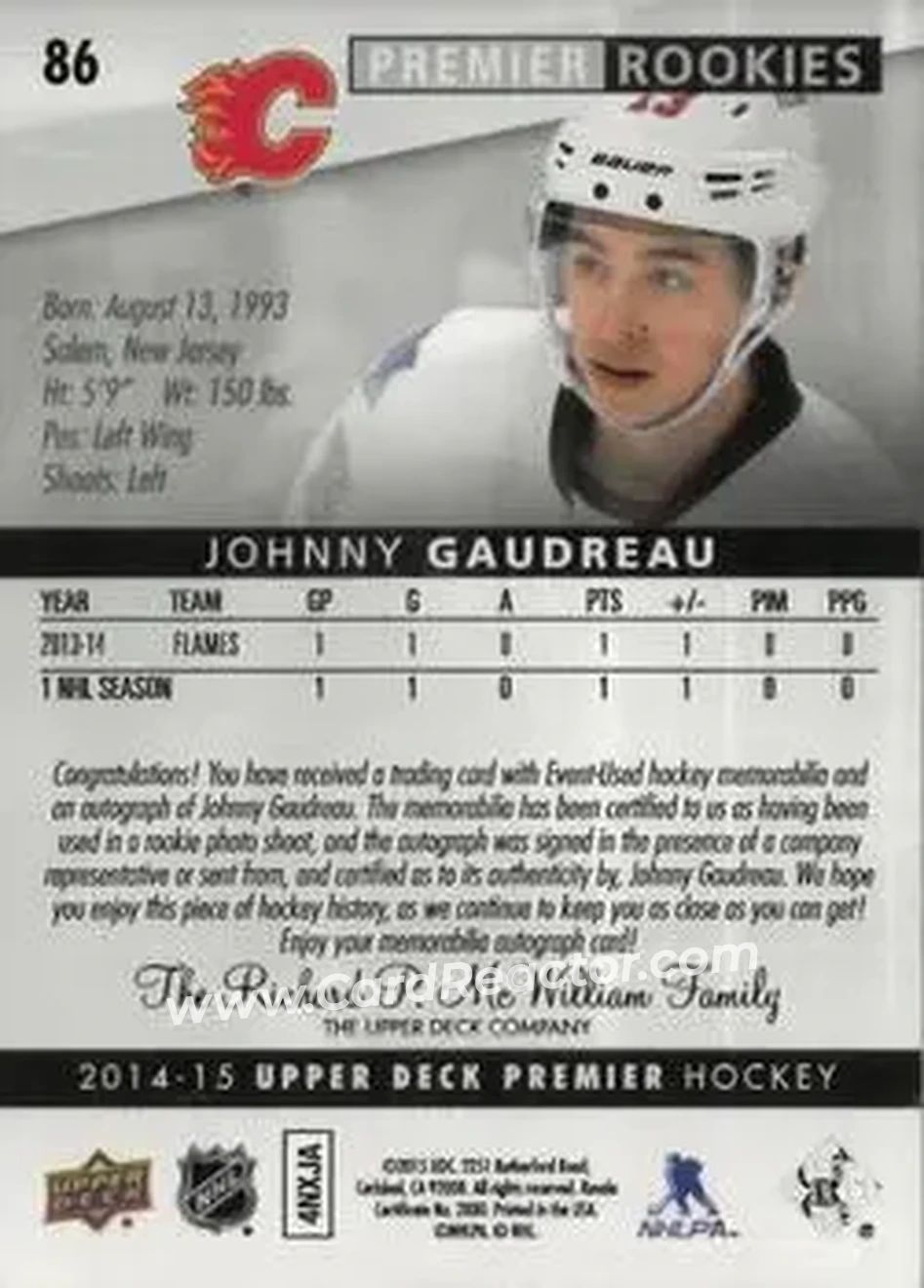 2014-15 Upper Deck Premier #86 - Johnny Gaudreau - Calgary Flames - Back